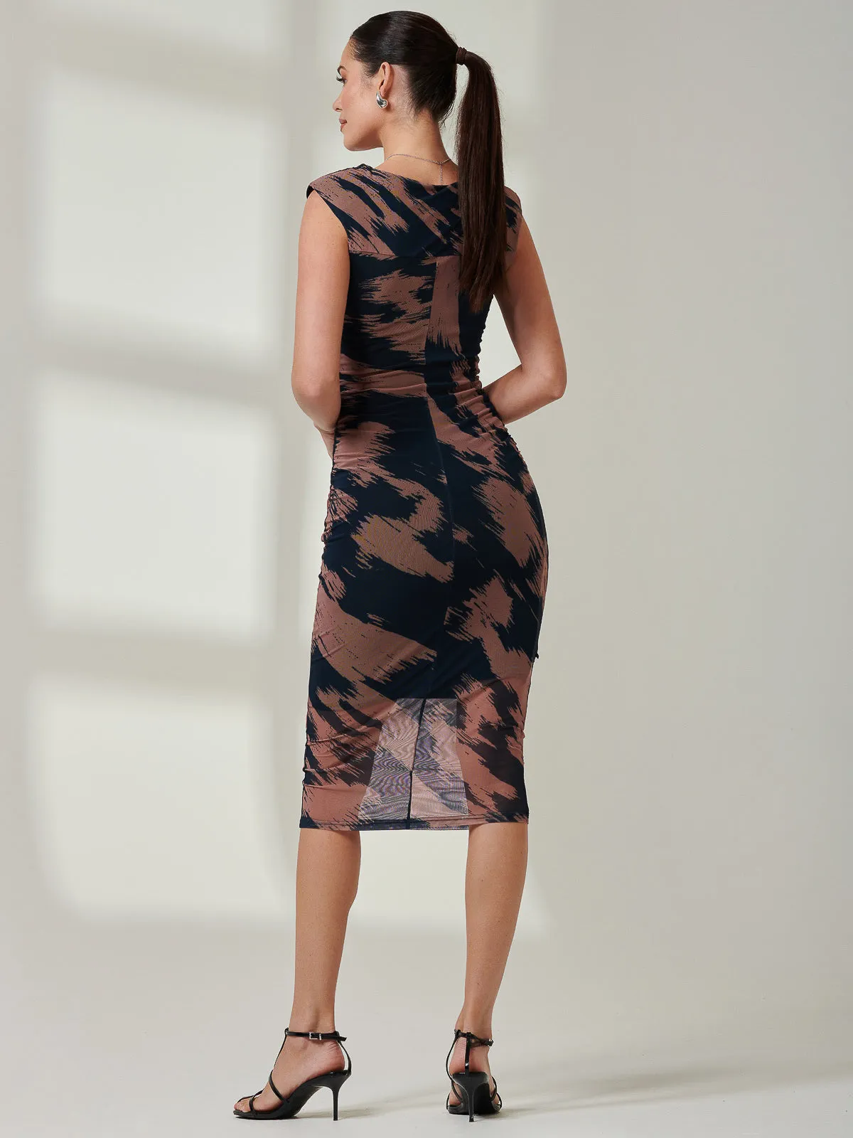 Mesh Shoulder Pad Bodycon Midi Dress, Brown Abstract