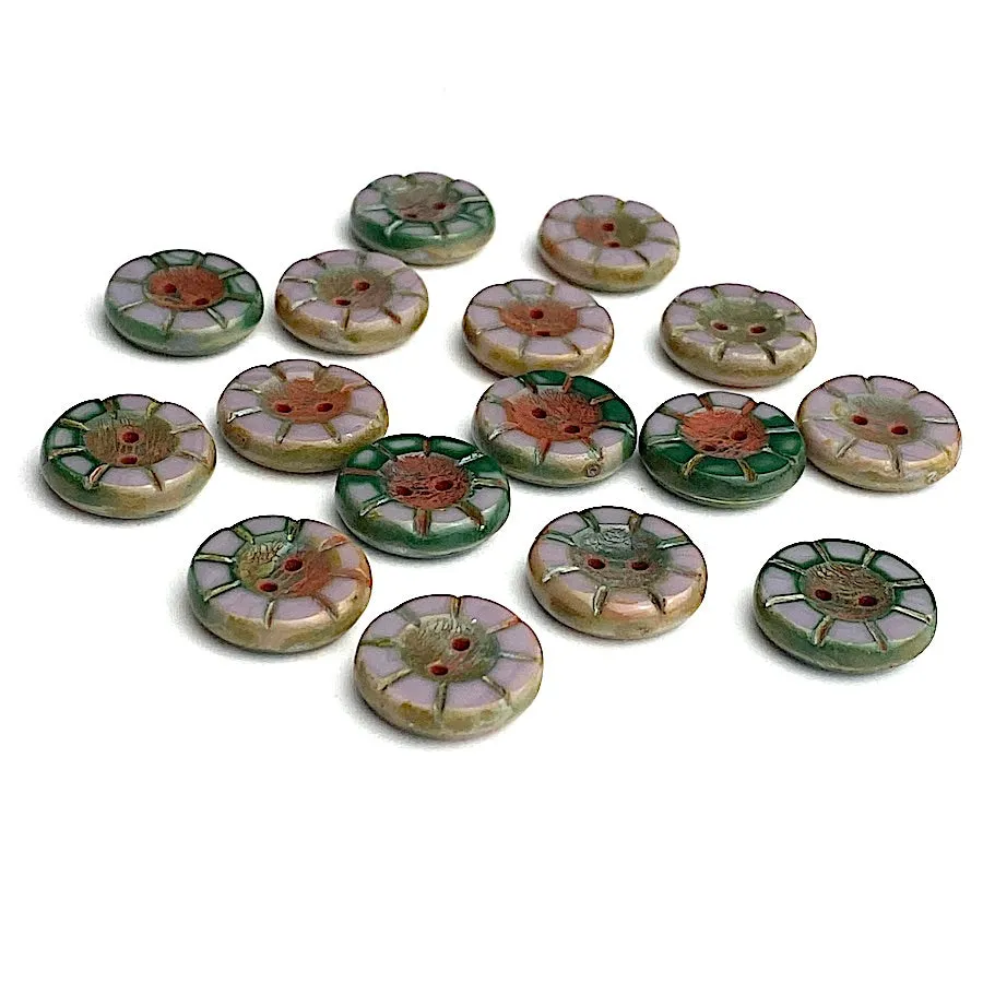Muddy Lavender   Green Czech Glass Sunray Flower, 2 hole button 14mm/ 9/16"  #AB-7803