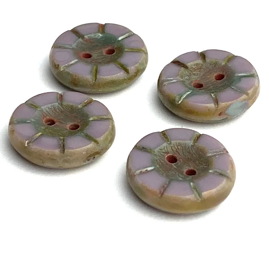 Muddy Lavender   Green Czech Glass Sunray Flower, 2 hole button 14mm/ 9/16"  #AB-7803