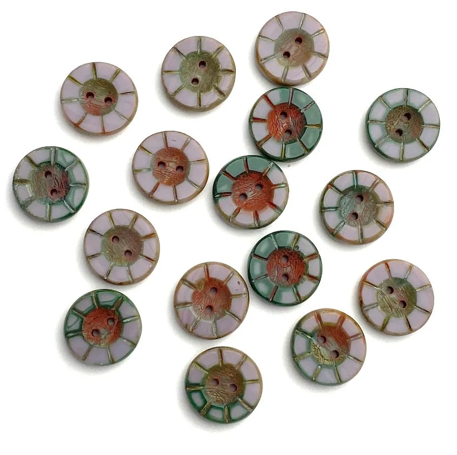 Muddy Lavender   Green Czech Glass Sunray Flower, 2 hole button 14mm/ 9/16"  #AB-7803