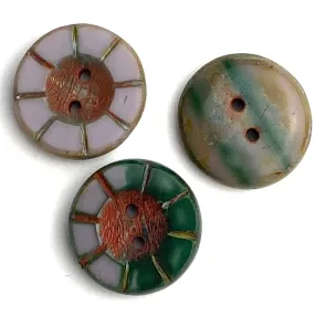 Muddy Lavender   Green Czech Glass Sunray Flower, 2 hole button 14mm/ 9/16"  #AB-7803