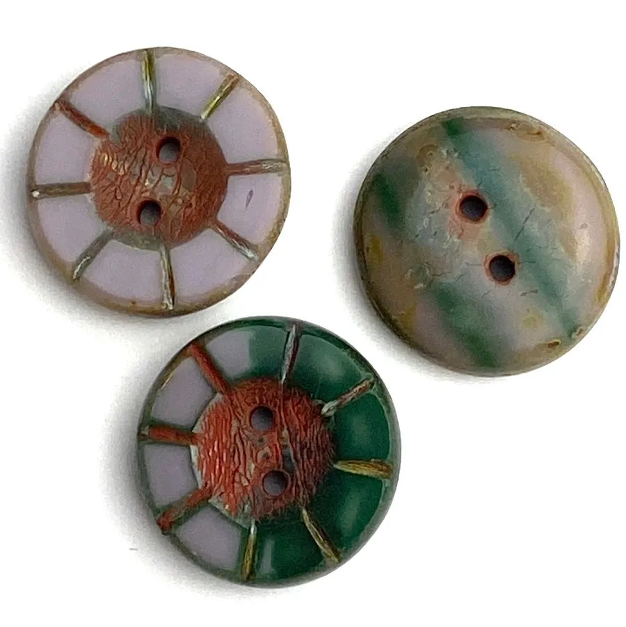 Muddy Lavender   Green Czech Glass Sunray Flower, 2 hole button 14mm/ 9/16"  #AB-7803