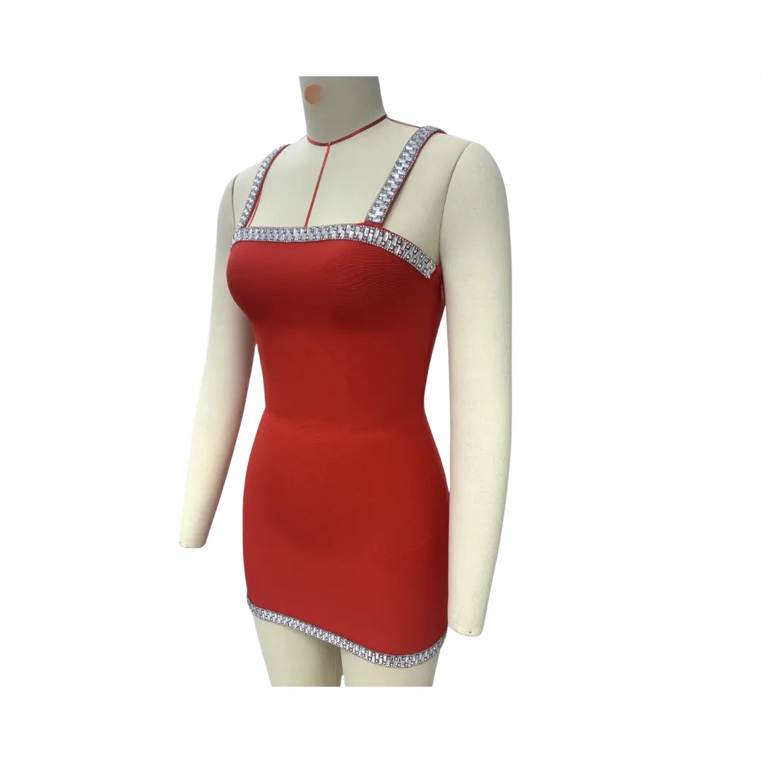 Pre Order:  Rhinestones Straight Neck Bandage Dress