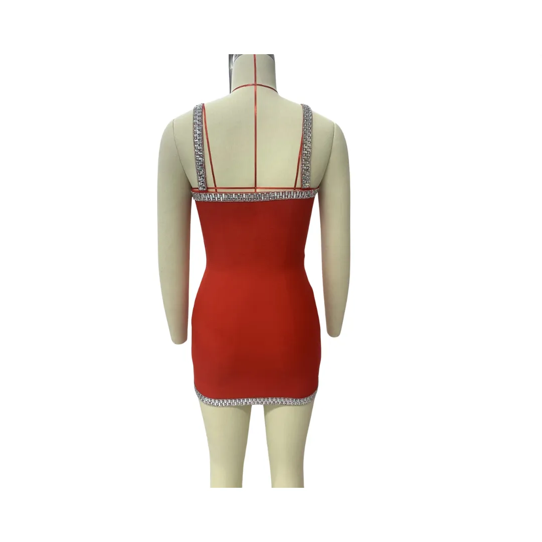 Pre Order:  Rhinestones Straight Neck Bandage Dress