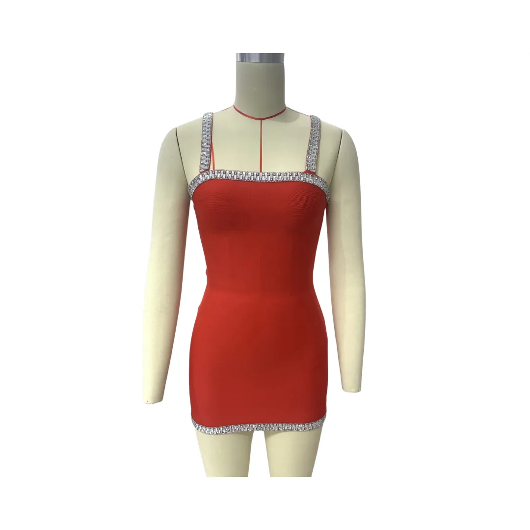 Pre Order:  Rhinestones Straight Neck Bandage Dress