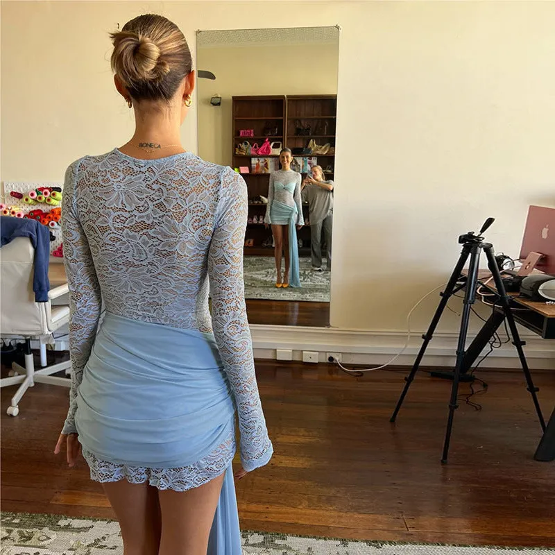 Sexy Ladies Periwinkle Sheer Crew Neck  Long Sleeve Slim Fit Dress
