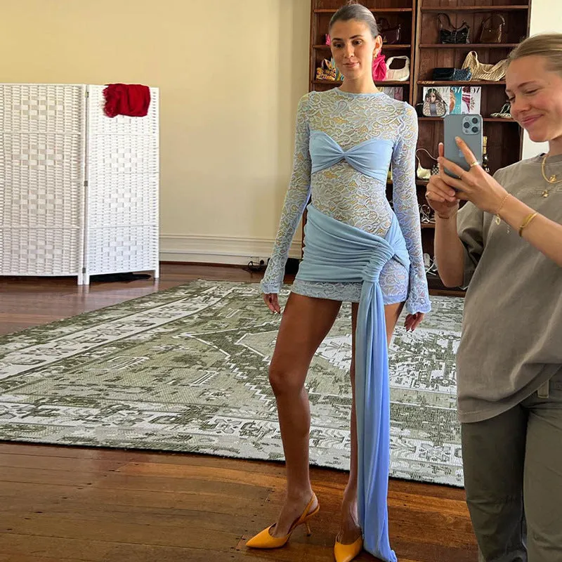 Sexy Ladies Periwinkle Sheer Crew Neck  Long Sleeve Slim Fit Dress