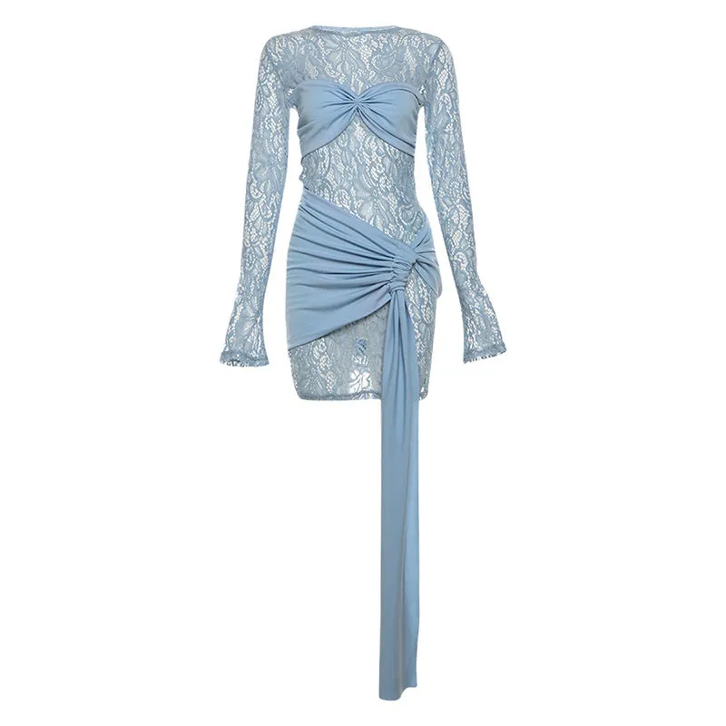 Sexy Ladies Periwinkle Sheer Crew Neck  Long Sleeve Slim Fit Dress