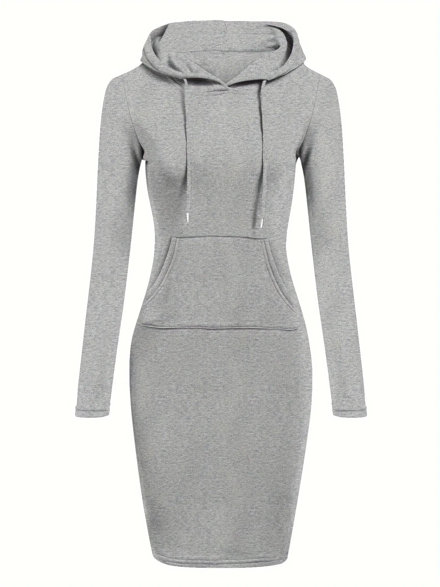 Womens Casual Chic Hooded Dress with Kangaroo Pocket - Adjustable Drawstring - Cozy Long Sleeves - Solid Color - Perfect for Everyday Wear