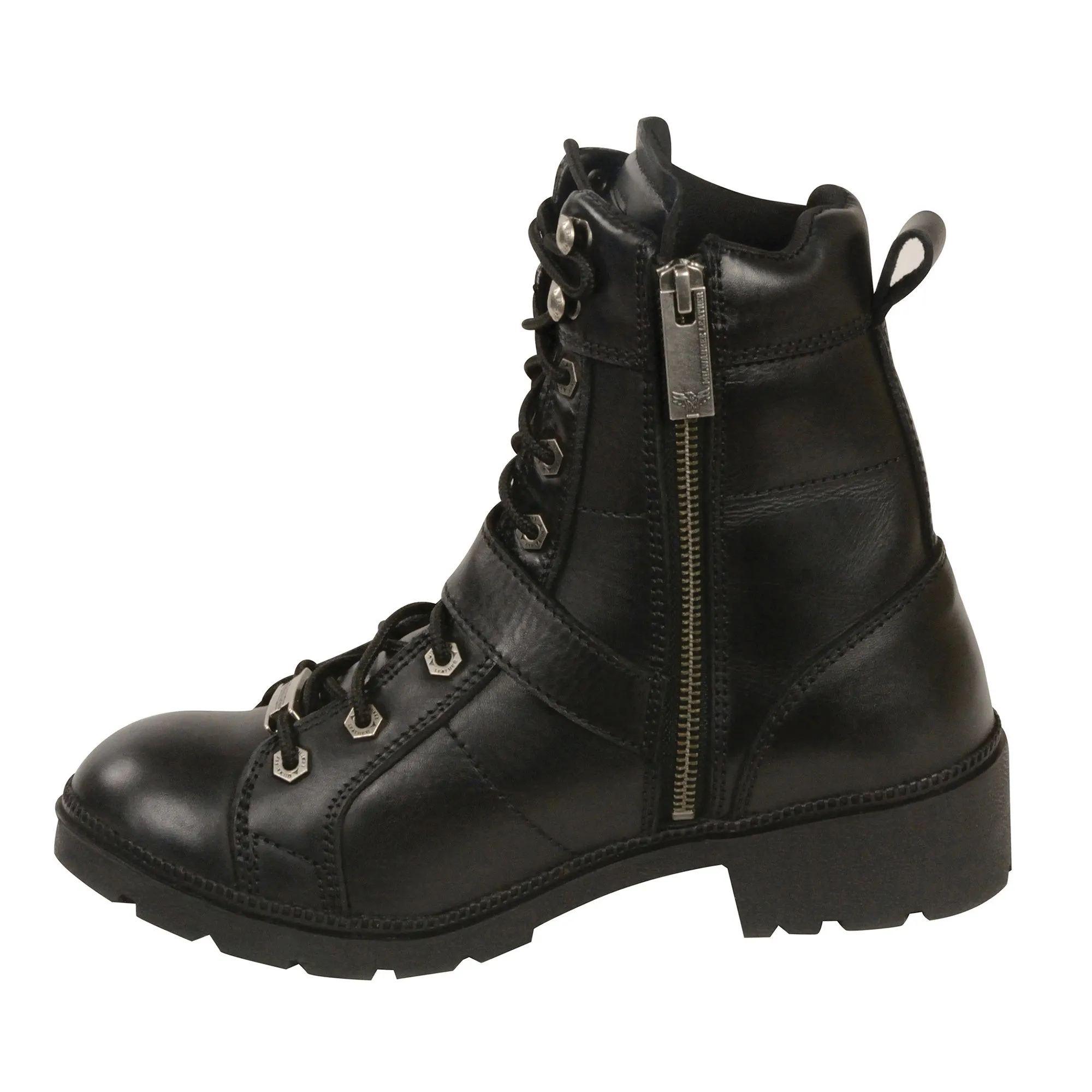 Women's Lace to Toe Side Buckle Leather Boot w/ Plain Toe-Wide